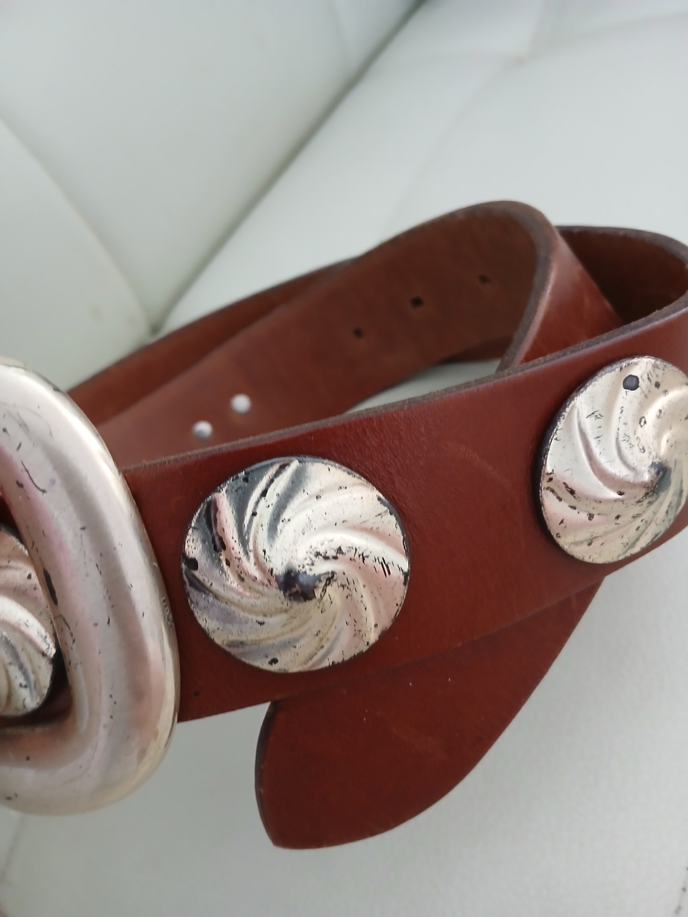 Brown Leather Belt with Silver-tone Conchos - Picture 2 of 7